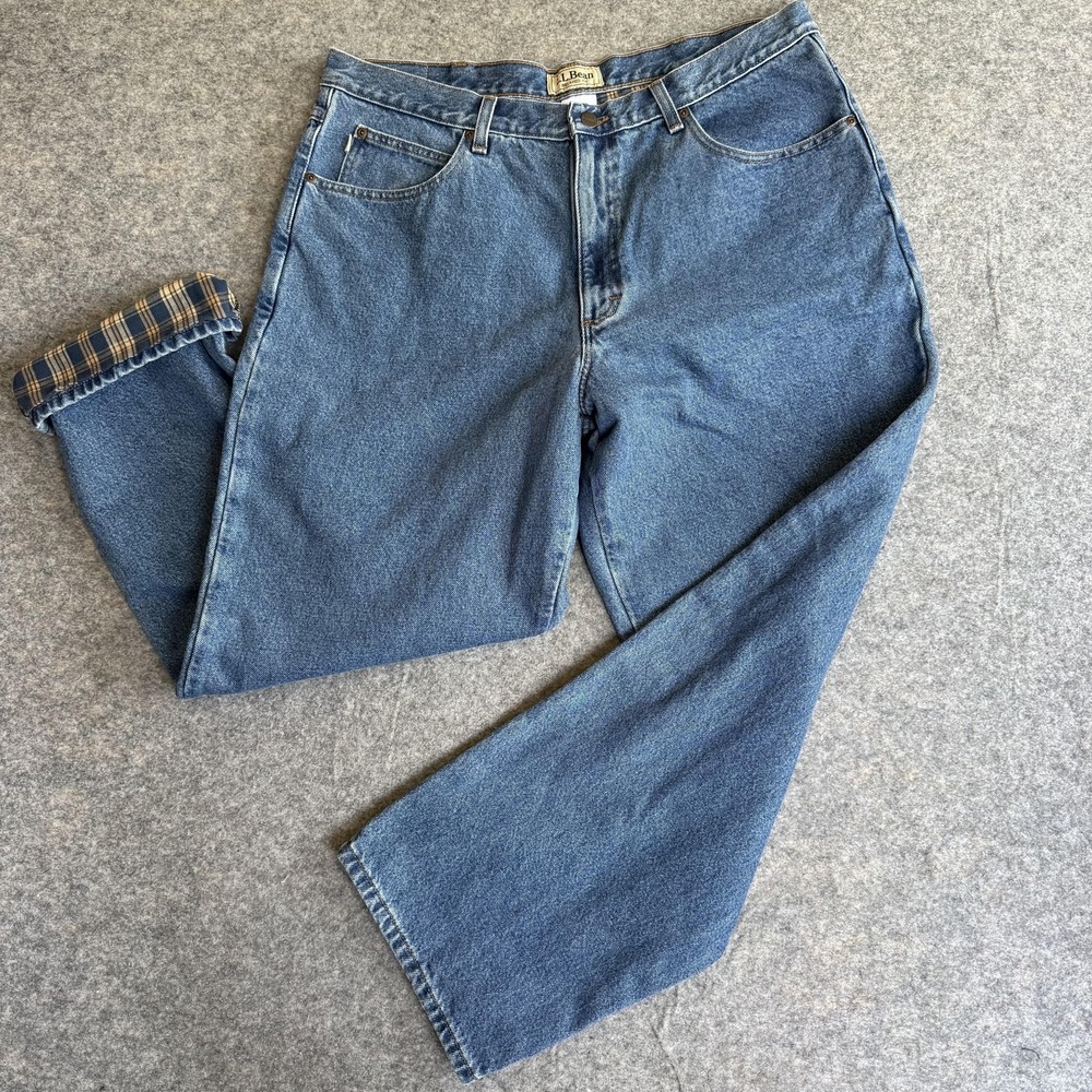 LL Bean Jeans Mens 38x30 Blue Flannel Lined Workwear Relaxed Fit Denim